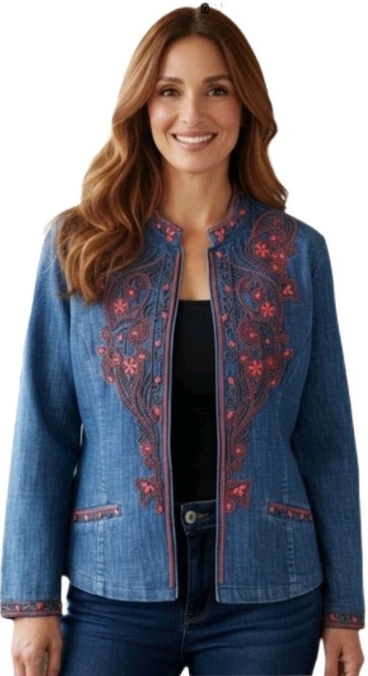 Chico’s Blue Embellished Denim Beaded Western Boho Artsy Jean Jacket 3